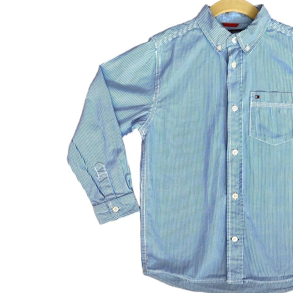 TOMMY HILFIGER Boys Blue Striped Button Down Shirt Size 7 - Picture 4 of 11